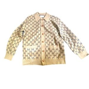 Mens Authentic Gucci GG Print Cardigan With Leather Button Detail Size Large
